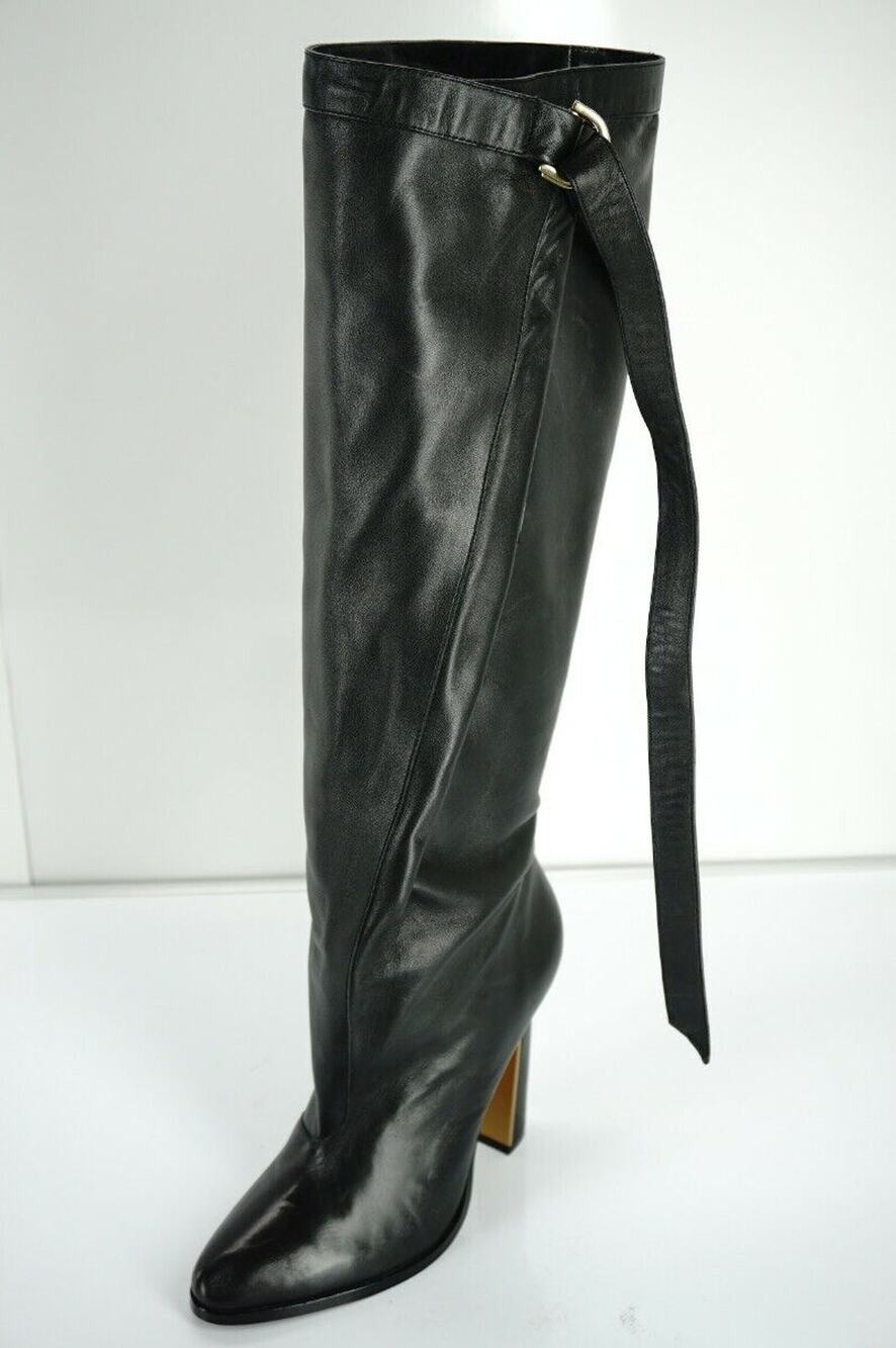 Derek Lam Black Leather Tonya Strap Knee Heels Boots SZ 37.5 New $1325 Women's